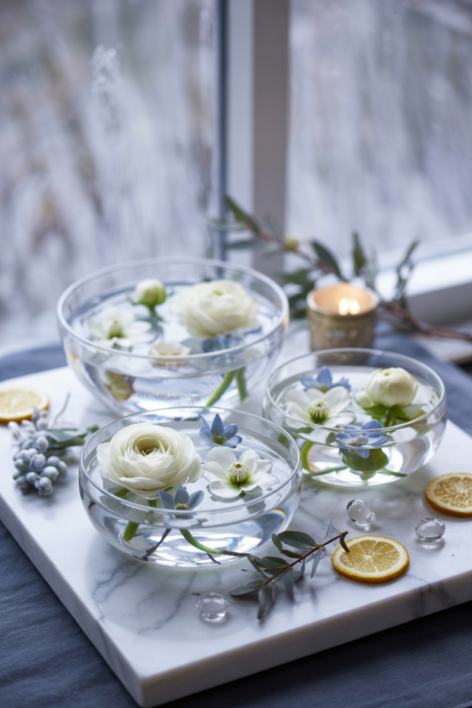 Shallow glass bowls of floating white ranunculus and submerged silvered eucalyptus on marble with water reflections.
