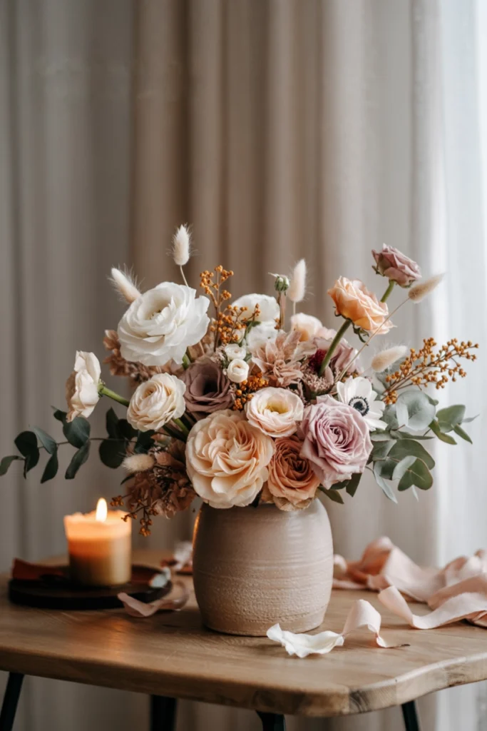 Loose bouquet of fresh ranunculus and anemones mixed with preserved eucalyptus, bunny tails and dried grasses in a stone vase.