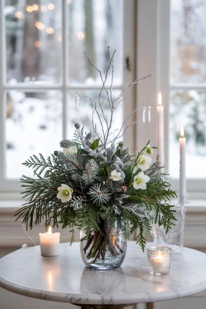 Frost-dusted pine, cedar and silver-painted twigs in a frosted glass vase with minimal white blooms and snowy details.