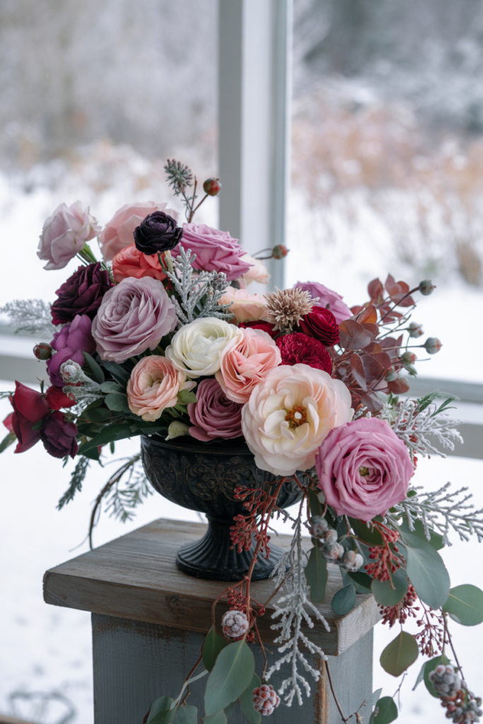 Soft pastel winter floral arrangement featuring blush roses, pale pink berries, and frosted greenery displayed in a white ceramic bowl, creating a delicate and elegant “Frosted Rose Garden Elegance” look.