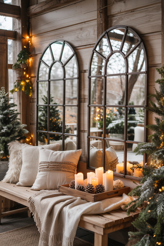 winter porch featuring reflective garden mirrors that amplify light and space — arched and rounded mirrors with matte black or antique bronze frames reflecting frosted evergreens, lantern glow, and falling snow. Layered with cozy textiles, candles, and greenery, the scene captures warm amber reflections against cool twilight tones for a luminous, spacious, Pinterest-worthy winter ambiance.