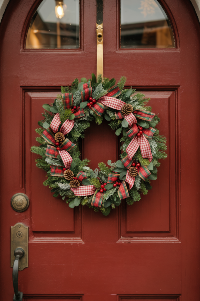 Lush greenery woven with red-and-white gingham and forest-tartan ribbons, small pinecones and warm micro-lights on a cranberry-red door.