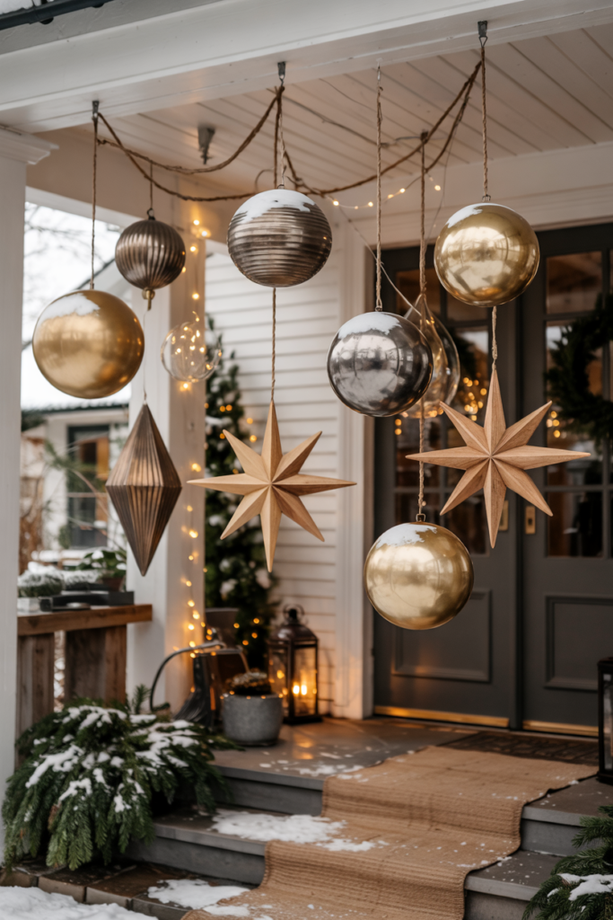 winter porch featuring hanging sculptural ornaments suspended from the ceiling at varied heights — a mix of oversized matte metallic globes, brushed-nickel prisms, and carved wooden stars — creating an artful, layered mobile effect. Warm fairy lights and softly falling snow add a cozy, modern-folk glow to the slate door and natural wood setting.