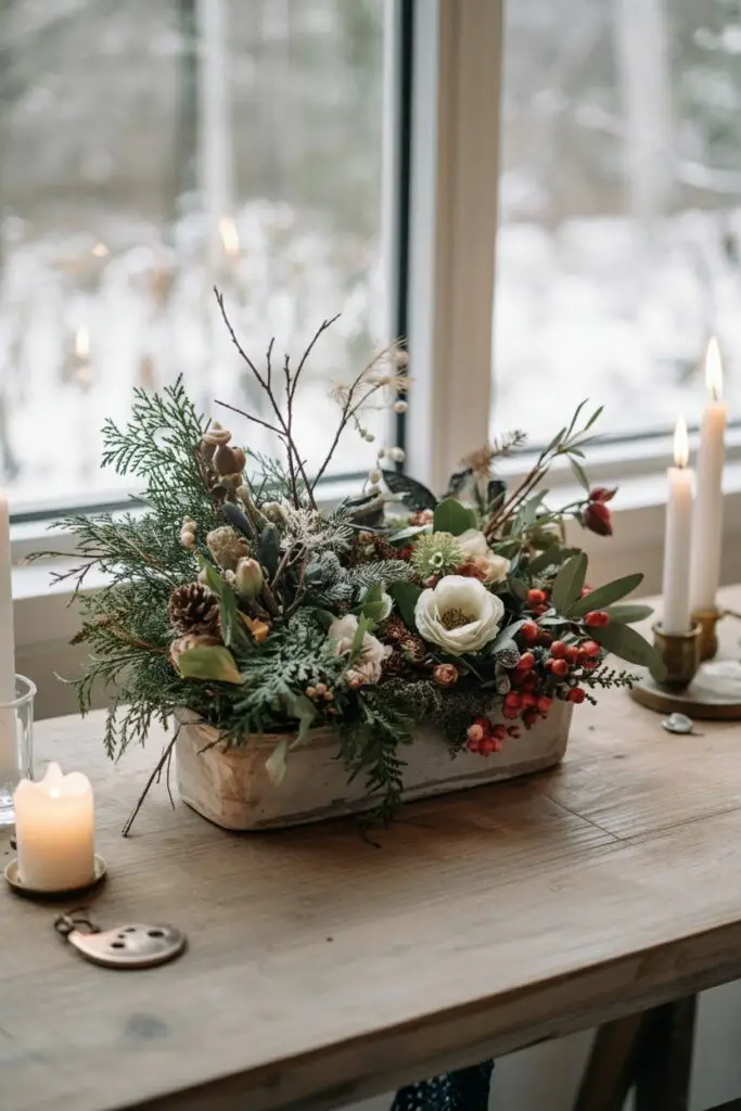 Intimate foraged vignette mixing cedar, berries and keepsakes—handwritten note, locket and tiny pinecones in vintage vessels.