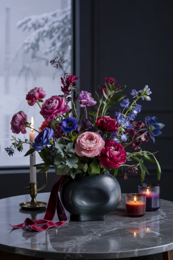 Luxurious jewel-tone bouquet of burgundy, plum and emerald blooms in a dark urn with velvet ribbon and gold accents.