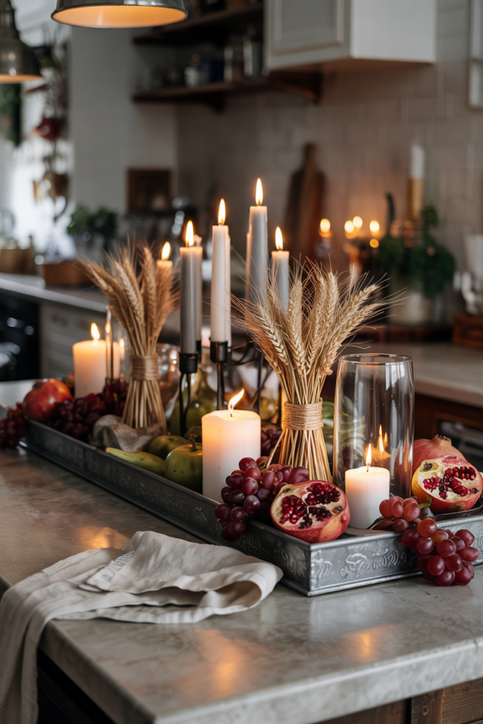 A long low zinc tray centered on a kitchen island holds an artful mix of candles in varying heights, tied wheat bundles and seasonal fruit including deep purple grapes and open pomegranate halves with exposed ruby seeds.