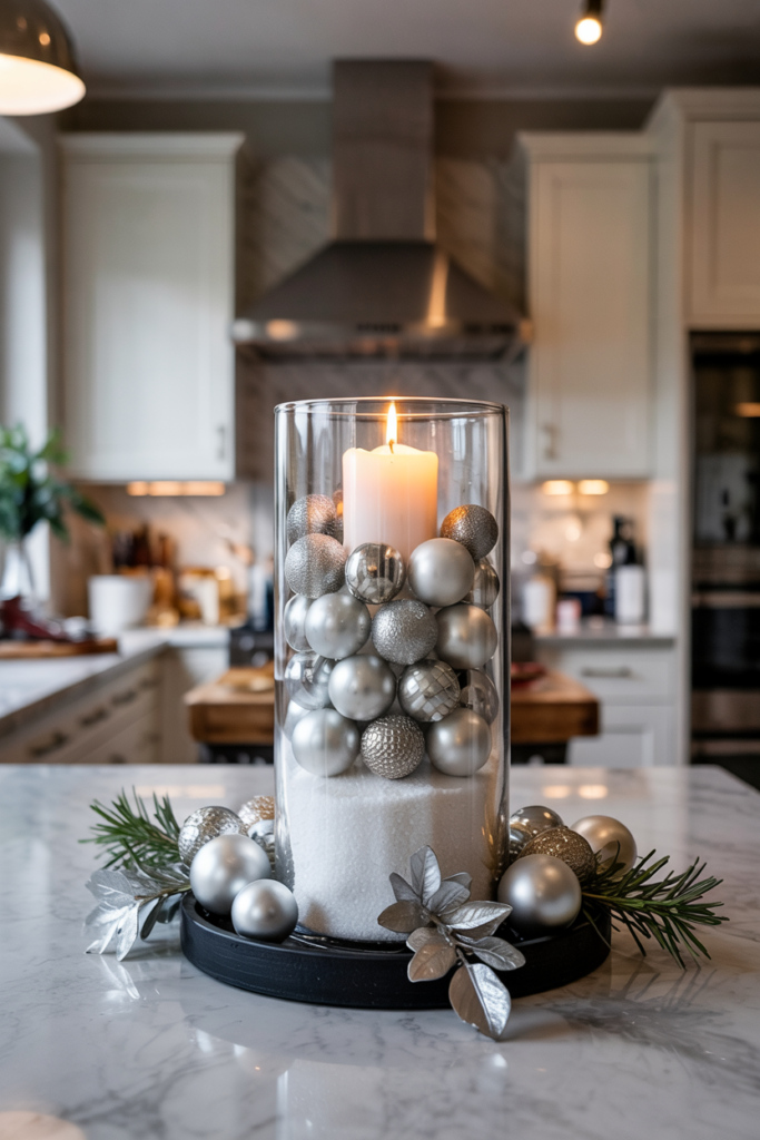A tall cylindrical glass vase displays precise alternating layers of coarse white sea salt and mixed silver baubles, topped with a small white pillar candle whose flame reflects in the metallic layers to create a minimalist, snow-and-silver column.
