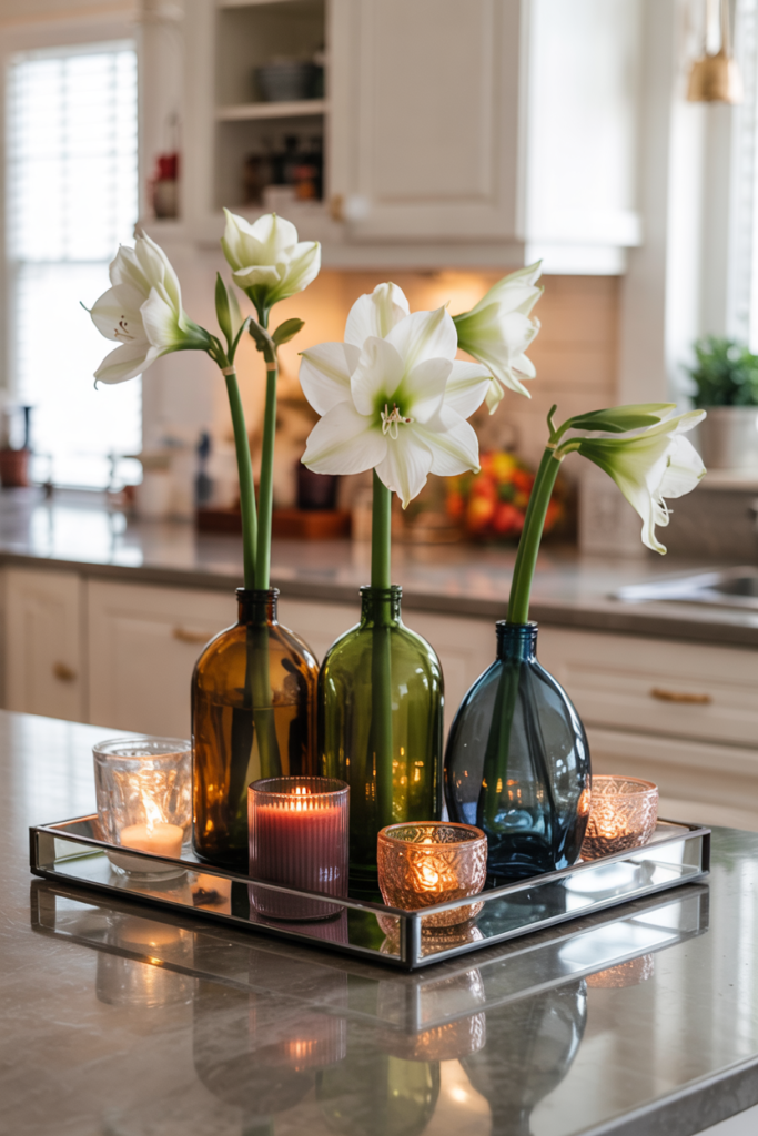 A mirrored glass tray holds a trio of colored glass bottles in smoky amber, olive green and cobalt, each cradling a single tall white amaryllis bloom and paired with a small droplet candle beside each bottle so the mirrored surface and jewel-toned glass amplify their reflections and create a refined, floral winter centerpiece.