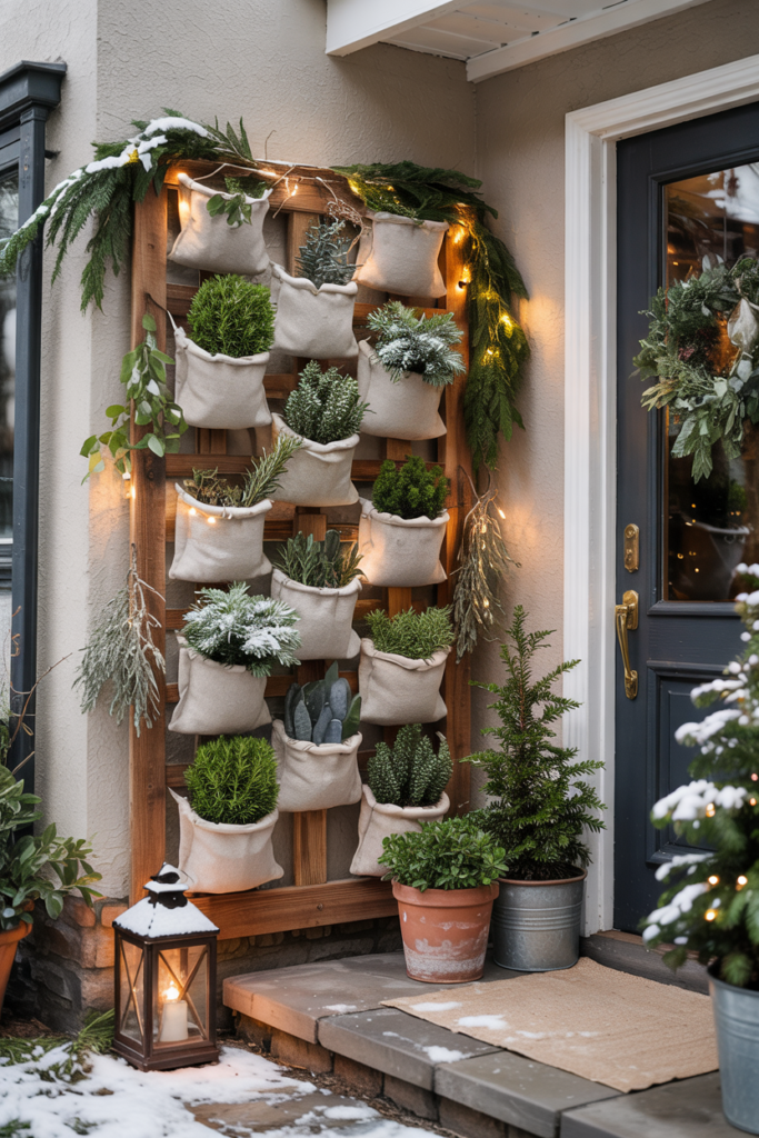 Elegant winter porch featuring a living green wall made of reclaimed wood panels with pockets of frosted evergreens, eucalyptus, and birch branches, softly lit by warm fairy lights and flanked by terracotta planters and a charcoal door under gentle falling snow.