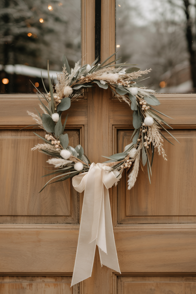 Front view of a paneled door bearing a slender, refined wreath of pale eucalyptus, bleached ruscus and ivory pampas with a single cream silk ribbon for a calm, Scandinavian feel.