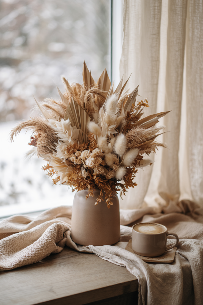 Minimal dried mocha-toned pampas stems in a matte taupe ceramic vase on a rustic wood table, soft winter light.