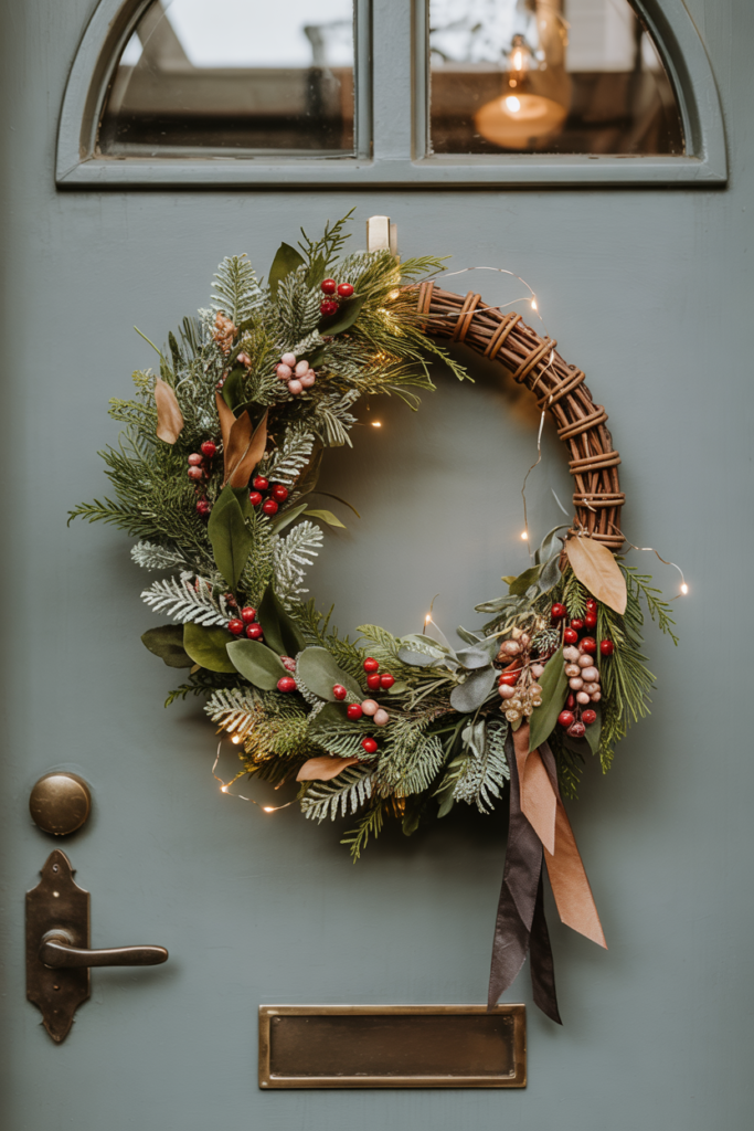 Antique-bronze modular wreath with visible brass snap-clips, frosted eucalyptus, cranberry clusters and removable brass toggles on a sage-green paneled door.