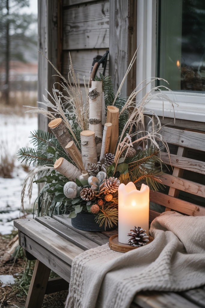 Minimalist winter porch featuring a monochromatic natural arrangement of bleached birch logs, driftwood, dried grasses, and white pinecones arranged on a weathered-wood bench, softly lit by a candle and lantern glow against gentle snowfall and a muted neutral palette.