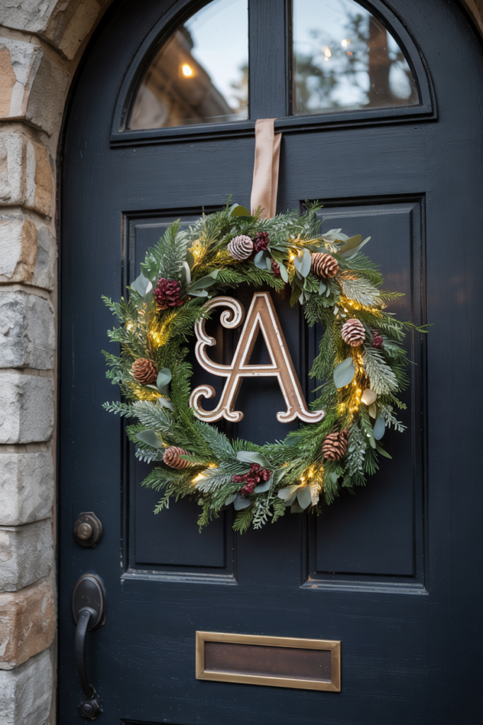 Refined evergreen wreath surrounding a warm-oak monogram letter, accented with eucalyptus, burgundy berries and subtle lights on a navy door.
