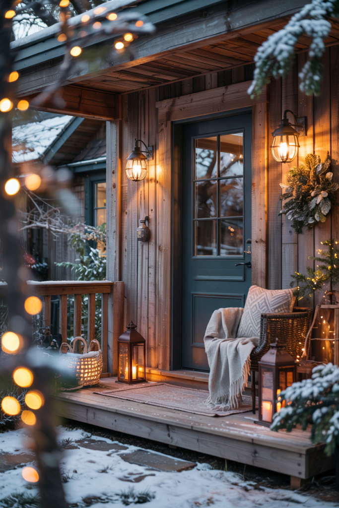 Winter porch at twilight featuring layered mood lighting with subtle amber, warm white, and muted teal tones, softly illuminating snow-dusted cedar planks, frosted evergreens, and cozy woven textures — creating a cinematic, Pinterest-worthy blend of warmth and winter ambiance.