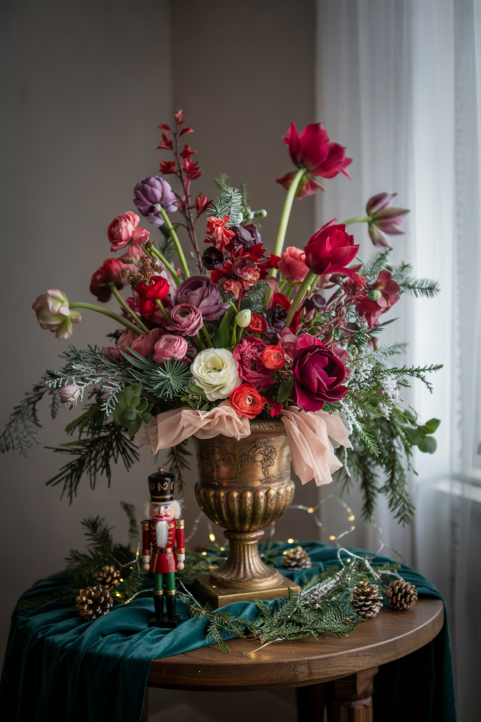 Nutcracker-inspired urn of red amaryllis and ranunculus, fir sprigs, gold-dusted pinecones and tiny nutcracker figurine.