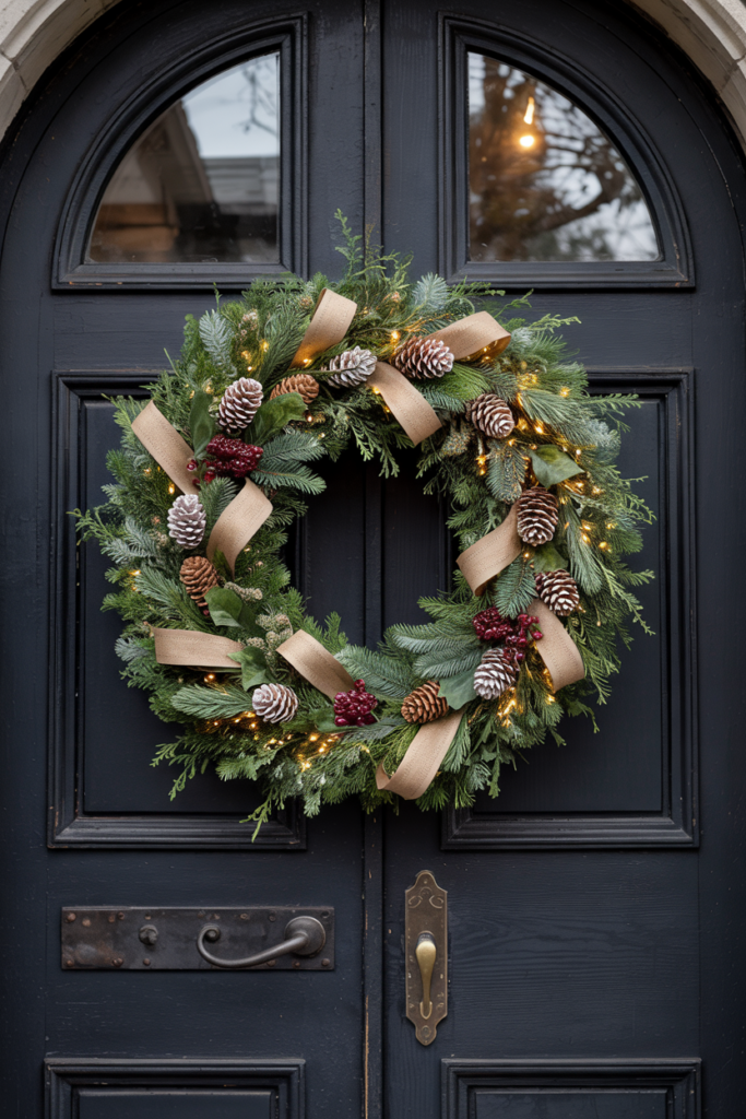 Dramatic extra-large wreath of fir, bleached willow twigs, oversized pinecones and a wide sand linen ribbon filling a grand charcoal double door.