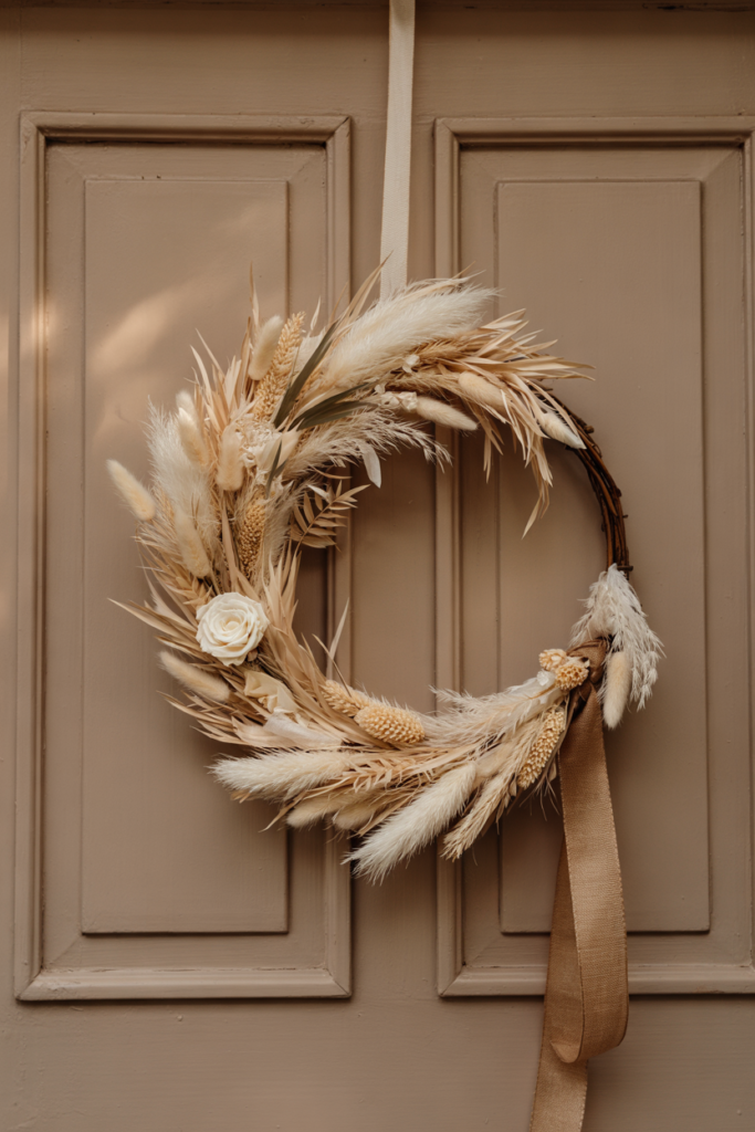 Front view of a stone-grey door adorned with a sculptural pampas and dried-flower wreath—ivory plumes, lunaria pods, teasels and bleached florals tied with a nude silk ribbon for a modern, textural look.