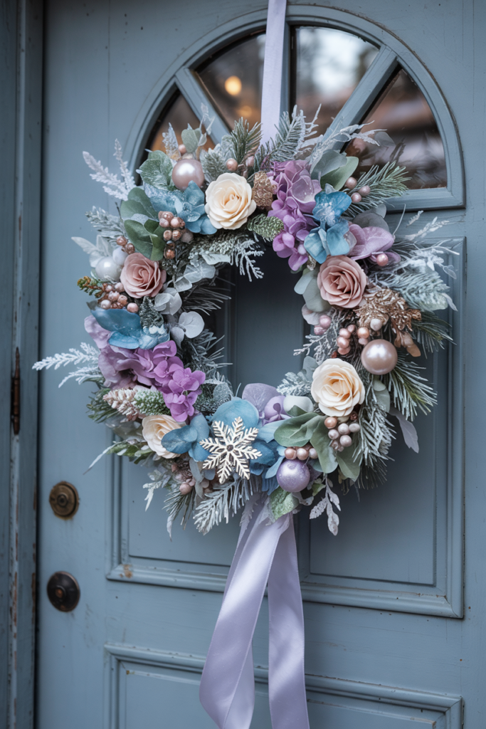 Front view of a powder-blue door decorated with a soft pastel wreath of frosted pine, blush roses, lilac hydrangea, mint foliage and silver berries tied with an icy lavender ribbon.