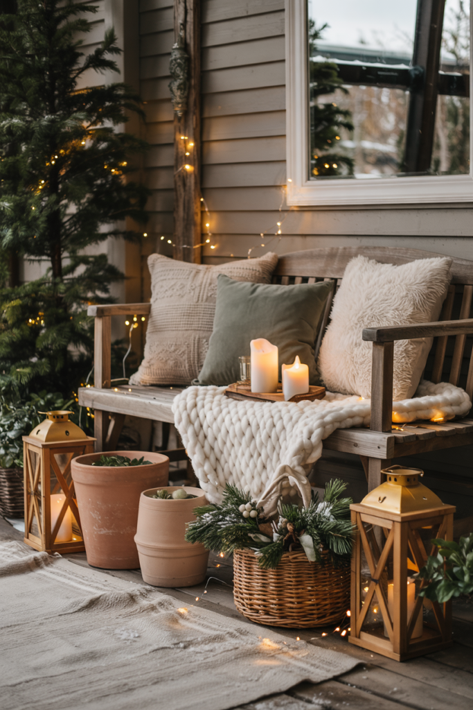 winter porch featuring a cozy bench vignette styled with chunky knit throws, textured cushions, lanterns, and soft candlelight, creating a hygge-inspired, handcrafted scene where warm amber tones meet cool twilight for an intimate, Pinterest-worthy winter aesthetic.