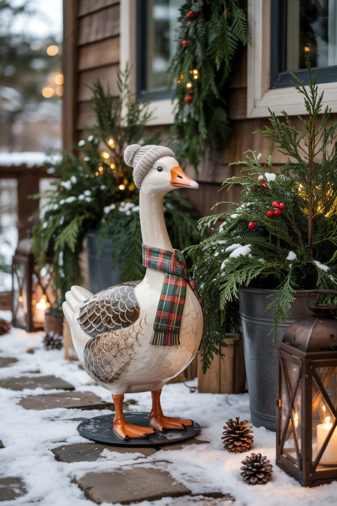 A cozy winter porch featuring a decorative porch goose statue dressed in a plaid scarf and knit hat, surrounded by snow-dusted evergreens, pinecones, and glowing lanterns. The wooden porch and sage green front door create a warm, festive backdrop, blending playful charm with elegant seasonal decor for a whimsical winter look.