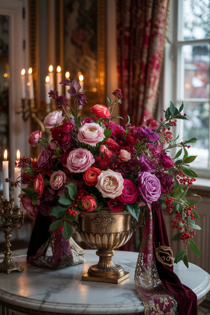 Regal Victorian arrangement of ruby roses, purple stock and magnolia foliage in an ornate gold urn with cameo and lace.