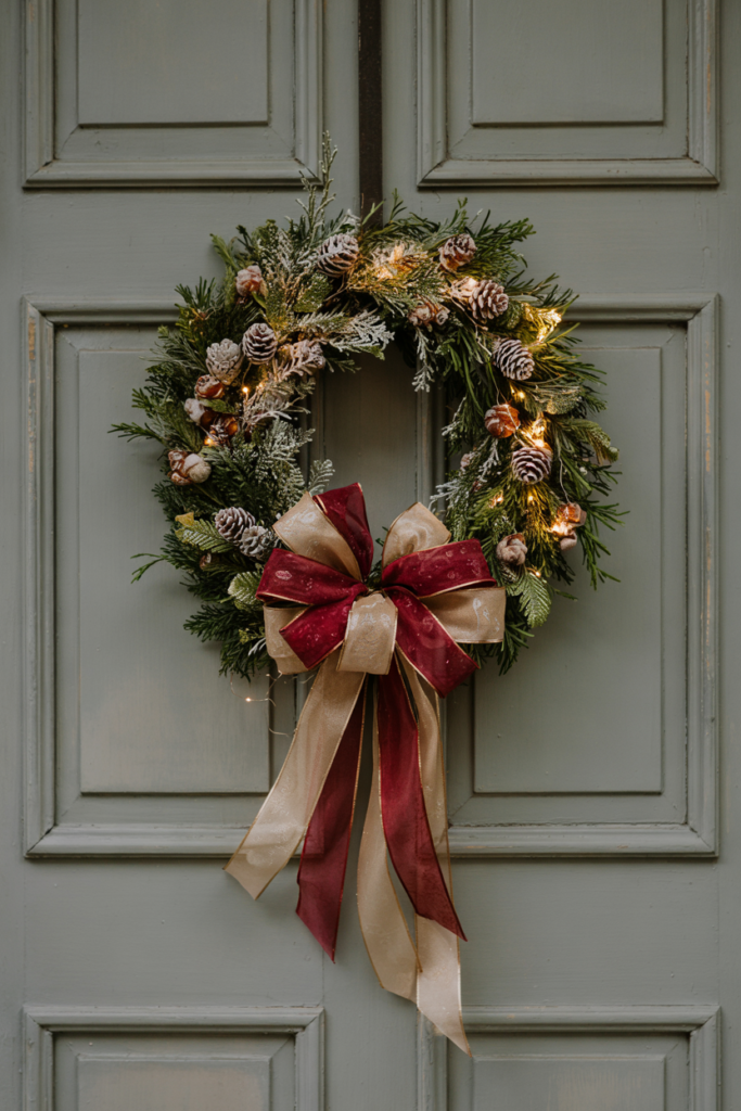 Front view of a sage-grey door featuring a simple evergreen base crowned by an oversized layered ribbon bow (velvet, organza, satin) with long trailing tails and delicate micro lights.