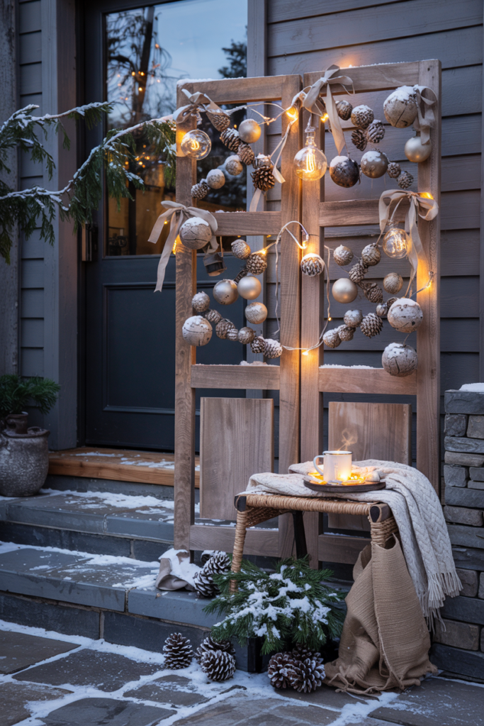 Rustic porch vignette featuring a decorative gate made from reclaimed timber used as a backdrop for hanging ornaments and fairy lights softly illuminated by lanterns.