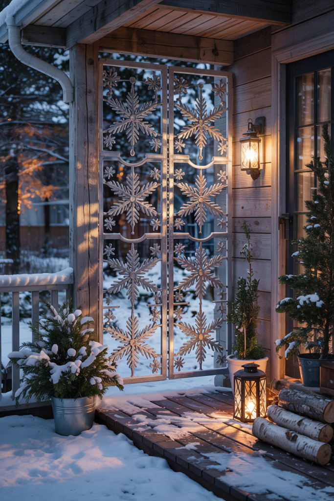 A stylish winter porch featuring decorative shadow-casting panels made of cutout metal with snowflake and geometric patterns. Warm lantern light glows behind the panels, projecting intricate shadows onto the snowy porch floor and wall. Potted evergreens, birch logs, and a frosted wreath complete the cozy winter scene, blending warm candlelight with cool silver and white tones for a magical festive ambiance.