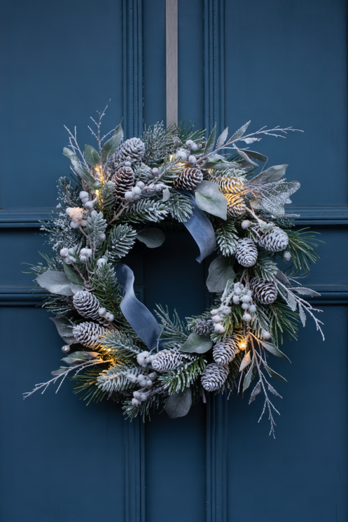 Heavily flocked fir wreath with icy-blue eucalyptus, silver-dusted pinecones, crystal snowflakes and an icy-blue velvet ribbon on a deep navy door.