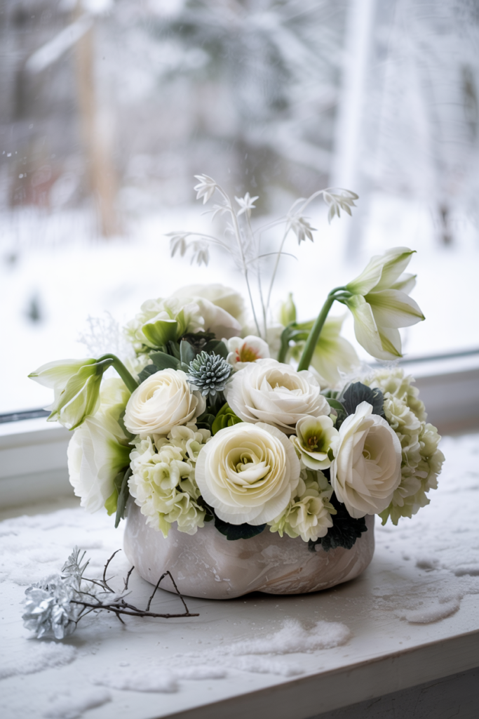 Snowy white monochrome dome of amaryllis, ranunculus and frosted hydrangea in a frosted-glass vase on white marble.
