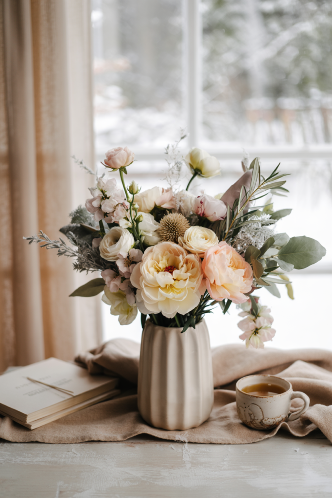 Soft sage and cream peonies, dusty miller and olive branches in a fluted sage ceramic vase on a pale linen runner.