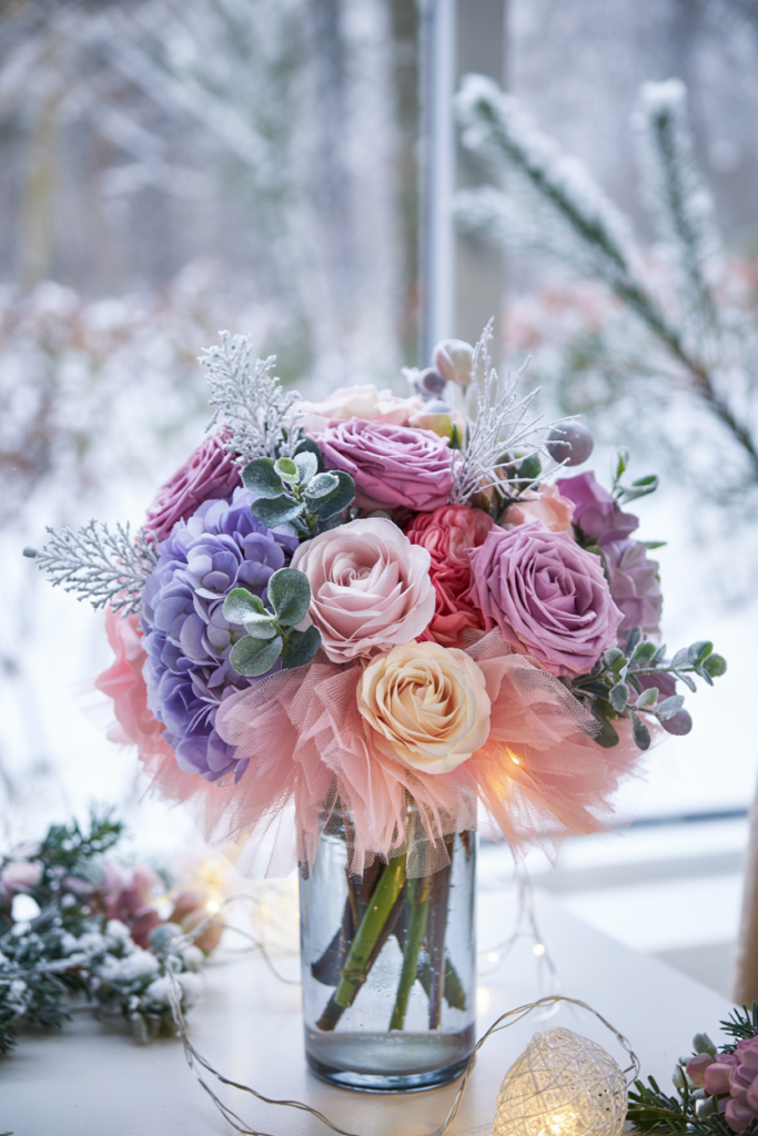 Sugar Plum Fairy bouquet of plum roses, lavender hydrangea and pale pink peonies with silver branches and fairy lights.