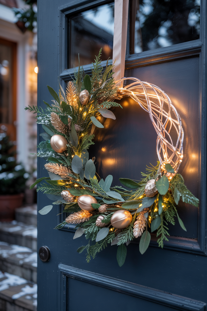 Front view of a midnight-blue door featuring a modern wreath wrapped in copper micro-wire LEDs woven through preserved greenery and metallic accents, casting a warm twilight halo.