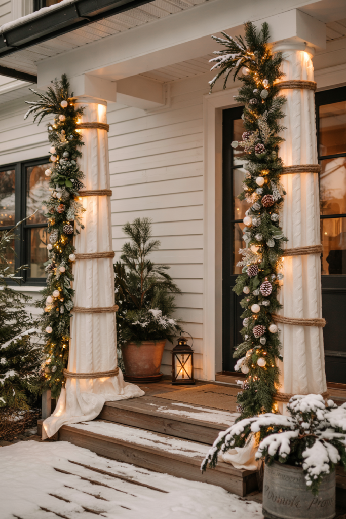 Porch columns wrapped in ivory cable-knit and natural jute, overlaid with evergreen garlands, Christmas ornaments and string lights.