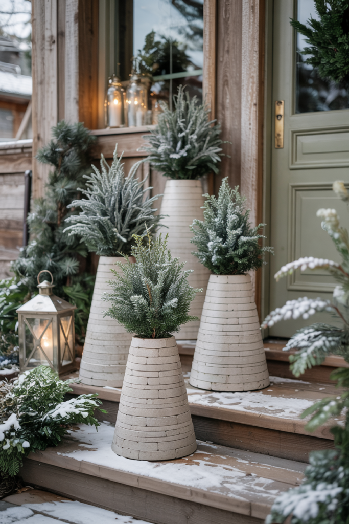 Sculptural cone planters arranged tiered from large to small, densely planted with frosted juniper and dwarf spruce and threaded with tiny warm fairy lights.