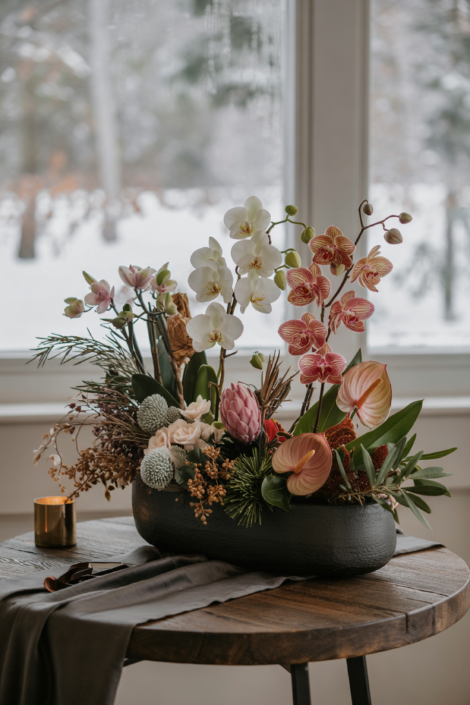 Tropical-meets-winter trough of orchids and protea with cedar, silvered eucalyptus and copper accents on dark wood.