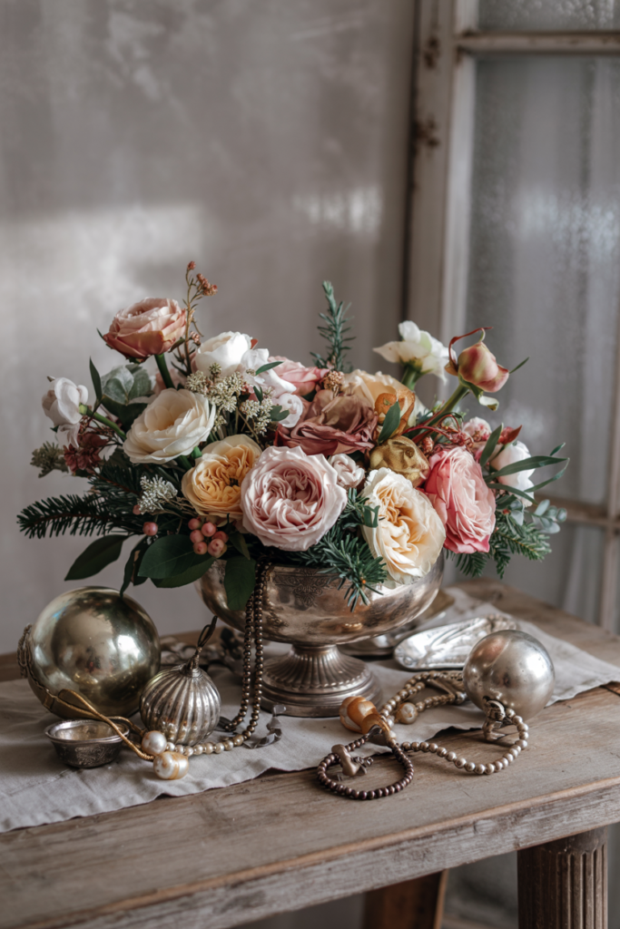 Vintage fusion of blush roses and dusty greens in a tarnished silver vessel with antique baubles, pearls and old silverware.