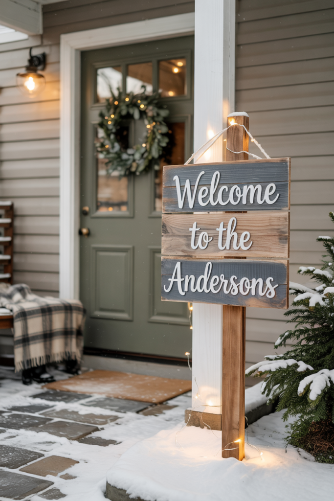 A welcoming winter porch decorated with a personalized wooden welcome sign featuring carved snowflakes and winter foliage designs. The sign stands beside snow-dusted evergreens, pinecones, and glowing lanterns, with a green front door and wreath in the background. Warm fairy lights and a soft layer of snow create a cozy, festive atmosphere perfect for the winter season.