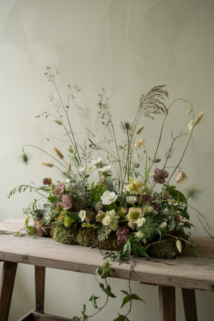 Loose indoor “meadow” of wildflowers, seed heads and foraged twigs spilling from a low stone bowl by a frosted window.