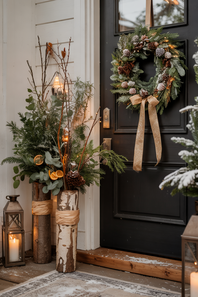 Sage or charcoal door centered with a lush eucalyptus wreath flanked by tall side sprays of birch and eucalyptus, accented with cinnamon bundles and lantern light.