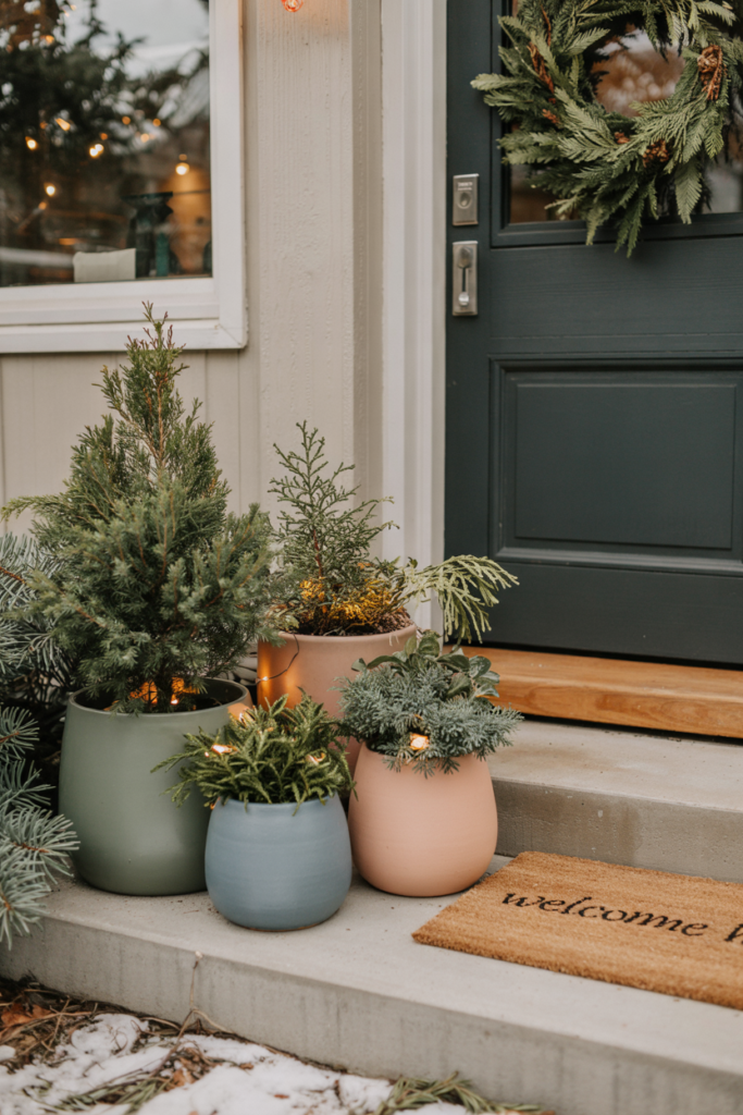 Winter porch vignette featuring color-pop planters in sage green, muted blue, and terracotta, each filled with frosted evergreens, silver eucalyptus, and red winter berries, arranged on the door step under gentle snowfall.