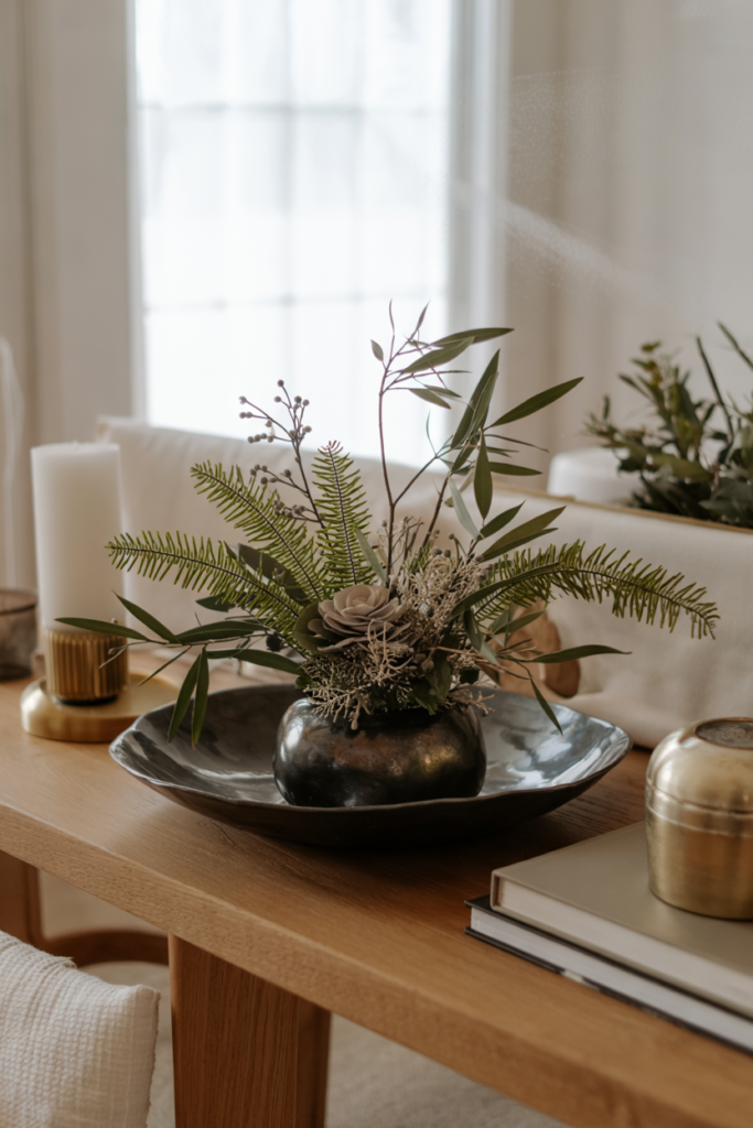 A shallow black metal dish cradles a botanical-inspired arrangement of preserved fern fronds, olive branches and silver-leafed eucalyptus.