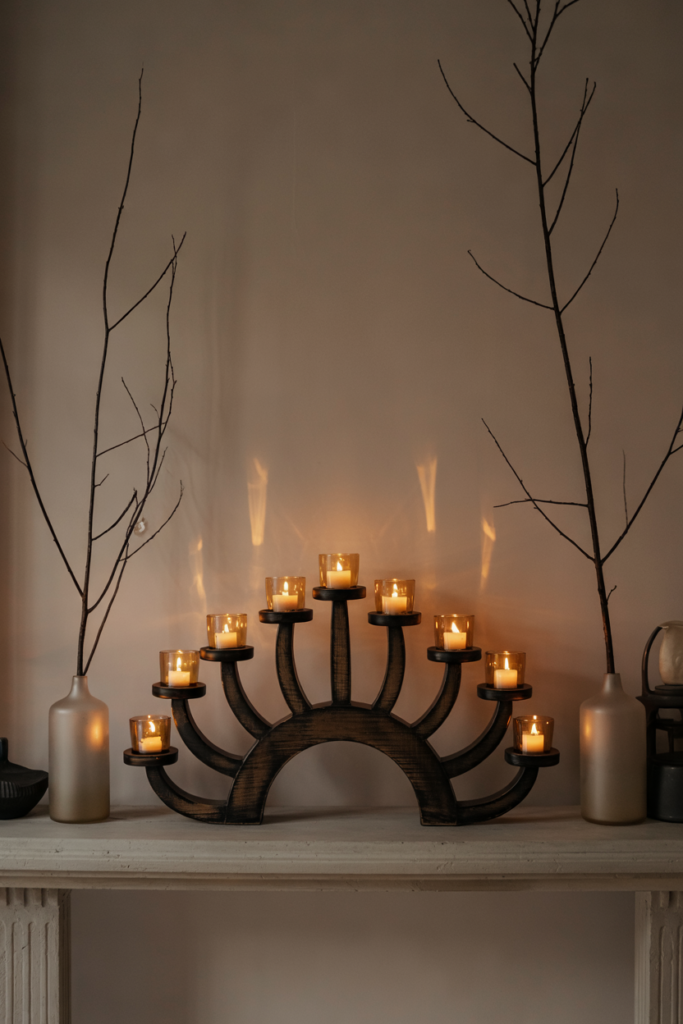 A dramatic arched wooden candelabra with multiple arms holds amber glass votives that cast a warm, golden glow and is framed on each side by tall matte-black painted branches in minimalist vases.