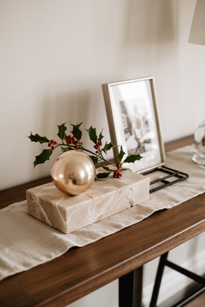 A minimalist stone block riser in travertine or warm limestone supports a single oversized glass orb ornament alongside a glossy holly sprig with deep red berries and a small black-and-white framed photo.