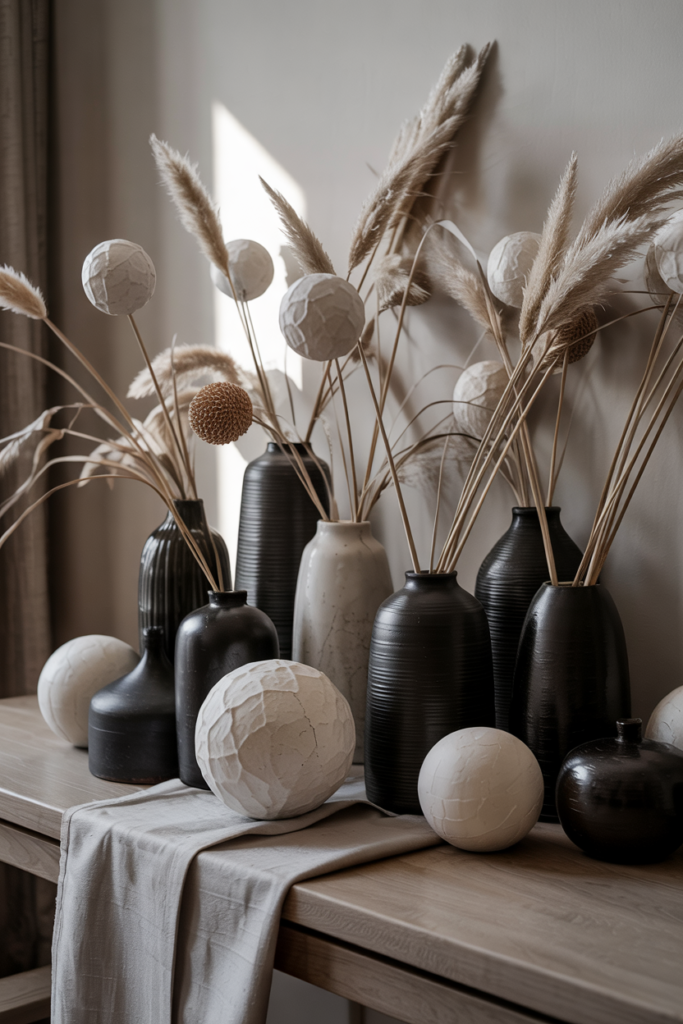 A monochrome arrangement of black ceramic vases of varied heights is clustered with textured white plaster ball accents atop a soft grey wool-wrapped runner, the matte black silhouettes and tactile white spheres creating strong graphic contrast and a calm, contemporary winter display.