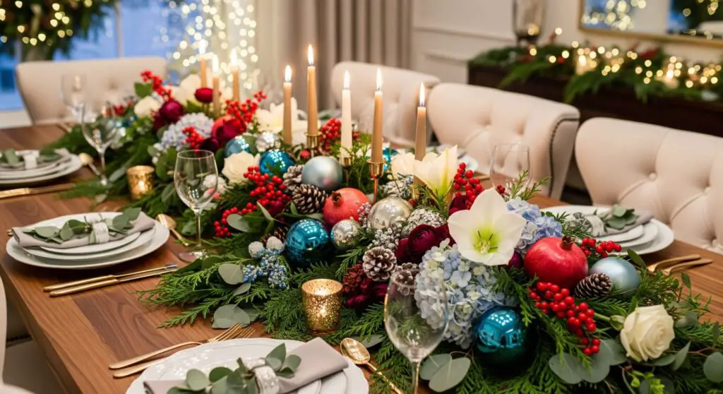 A lush, colorful winter dining table centerpiece stretching along a dark wood table, overflowing with emerald evergreens, cedar, eucalyptus, ruby red berries, pomegranates, icy blue ornaments, white amaryllis, roses, burgundy florals, and gold-tipped pinecones, with mixed-height brass taper candles glowing warmly around the arrangement; set in a modern luxe dining room with cream chairs and soft ambient winter lighting.