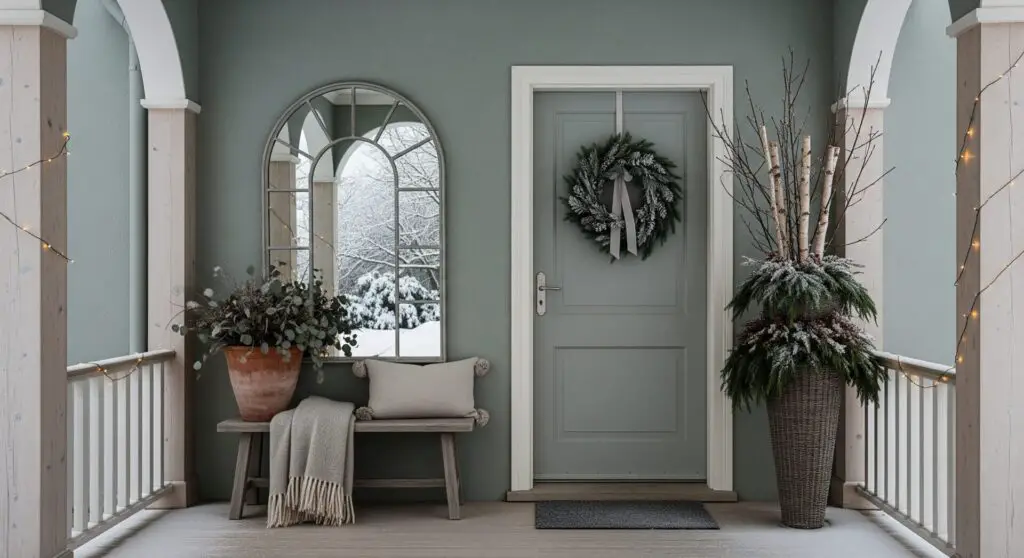 Elegant winter porch decorated in a minimalist festive style — a sage-gray front door with a simple eucalyptus wreath, flanked by natural wood columns and soft arches. A small bench with a wool throw, terracotta planter of evergreens, and an arched mirror reflect soft winter light. Subtle fairy lights and falling snow add gentle warmth and serenity.