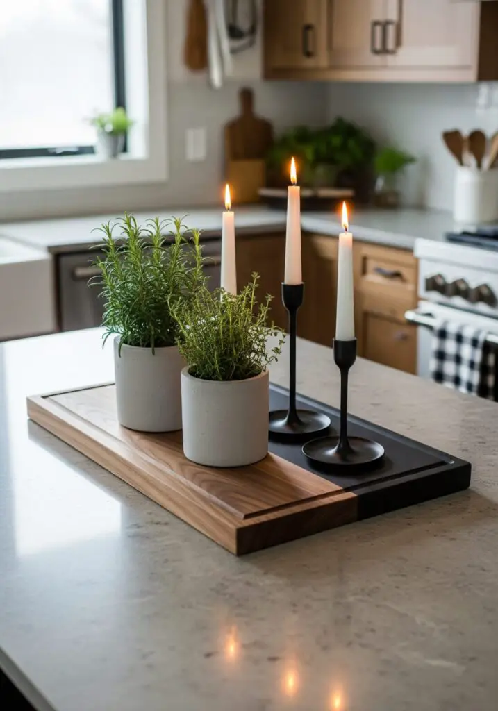 A reversible wooden board showing natural walnut on one face and matte black on the other sits diagonally across the island and supports two concrete planters planted with rosemary and thyme alongside a pair of matte black candlesticks holding white tapers.