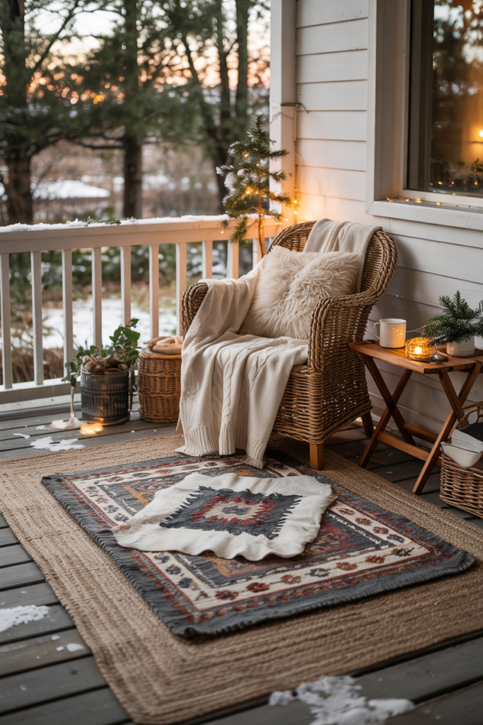 Wooden porch with layered sisal and patterned wool rugs, a wicker armchair with a cable-knit throw and sherpa pillow, fairy lights on the railing, and gentle snowfall.